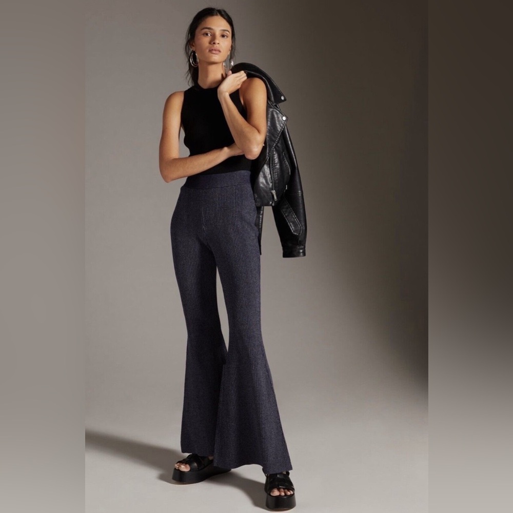 Anthropologie Pilcro Indigo Blue Sweater Ribbed Flare Sweatpants Size L - Picture 1 of 16